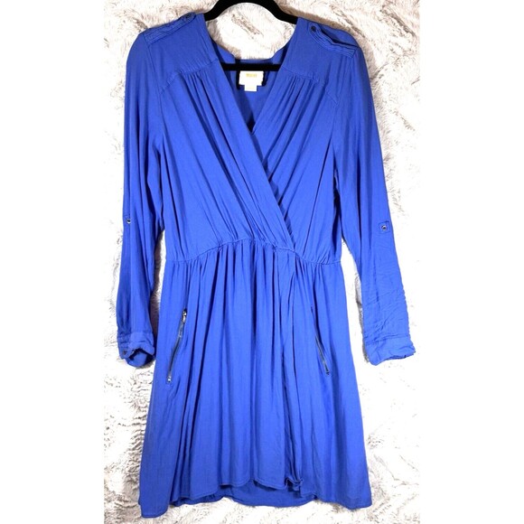Anthropologie Maeve Dress L Lene Crepe Faux Wrap Pockets Blue Roll Tab Sleeve - Picture 2 of 15